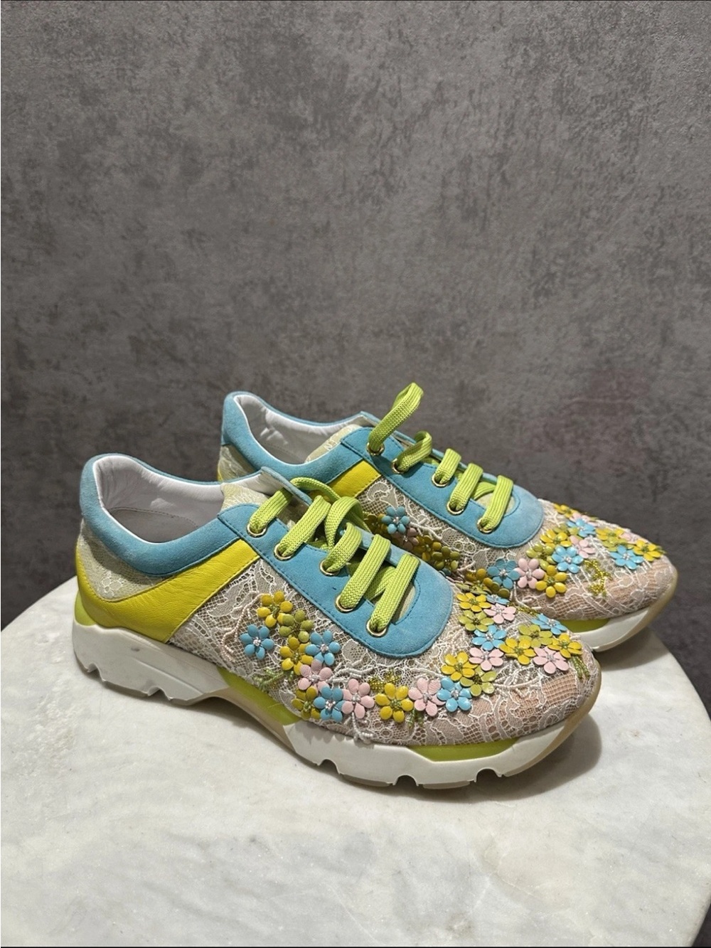 AUTH RENE CAOVILLA CRYSTAL LACE FLORAL COLORBLOCK SNEAKERS SIZE 36 BLUE YELLOW